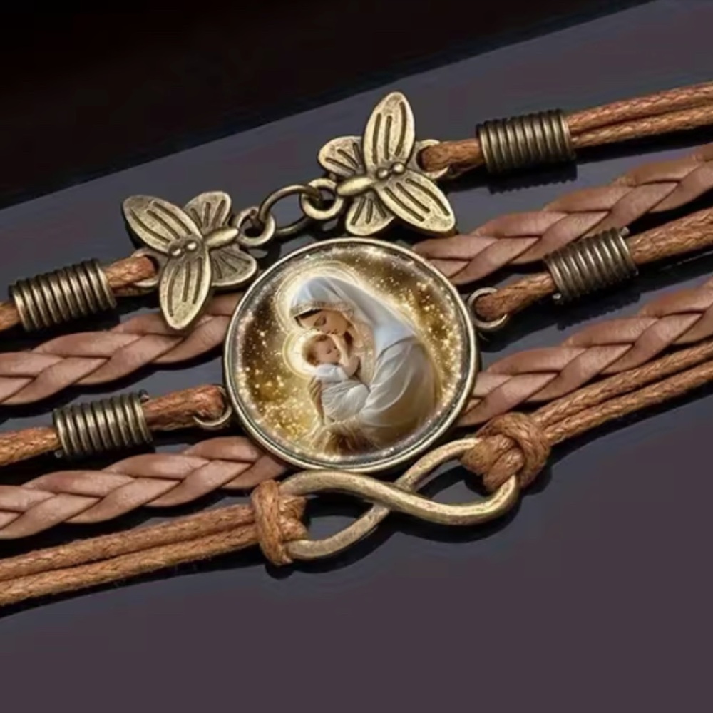 Braided PU Leather Bracelet - Virgin Mary and Baby Jesus - Detailed Butterflies
